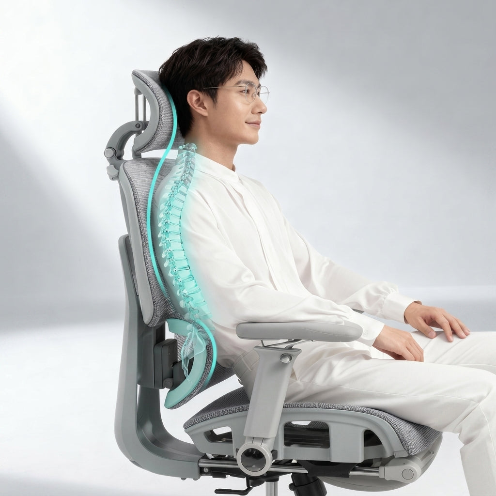 Gray Mesh Desk Chair with Headrest and Armrests