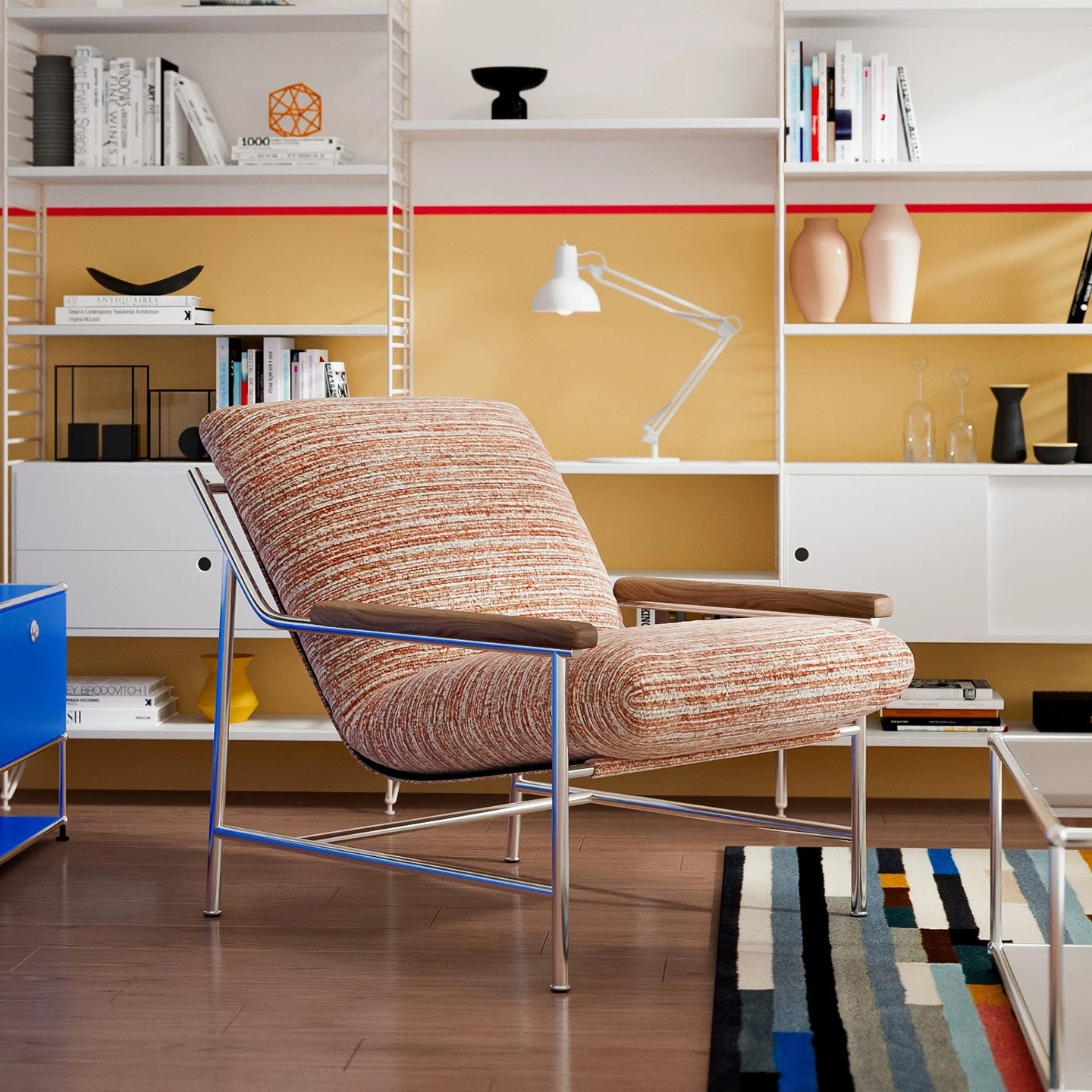 Modern Orange Chenille Accent Chair with Wood Armrests